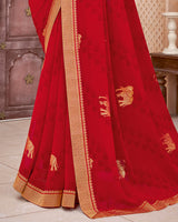 Vishal Prints Dark Red Chiffon Saree With Foil Print And Zari Border