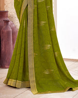 Vishal Prints Dark Olive Green Chiffon Saree With Foil Print And Zari Border