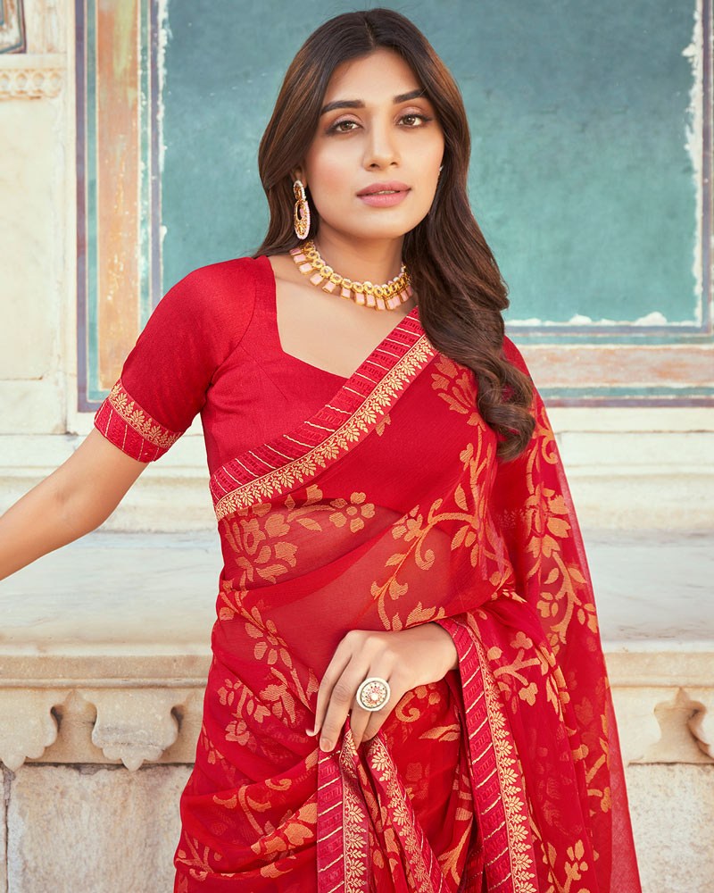 Vishal Prints Cherry Red Brasso Saree With Border