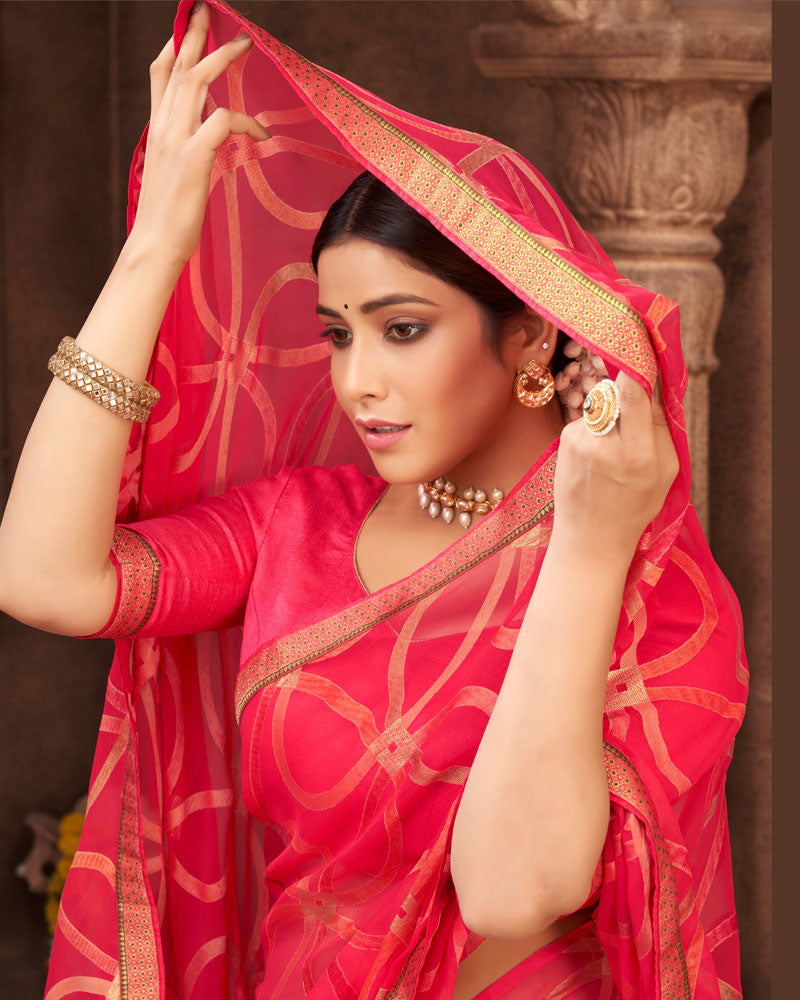 Vishal Prints Red Pink Brasso Saree With Foil Print And Zari Border