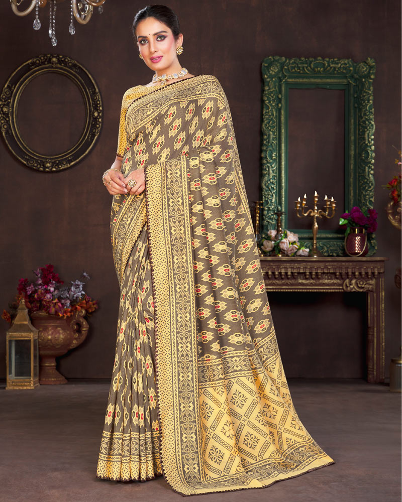 Vishal Prints Brown And Gold Cotton Brasso Saree With Fancy Border
