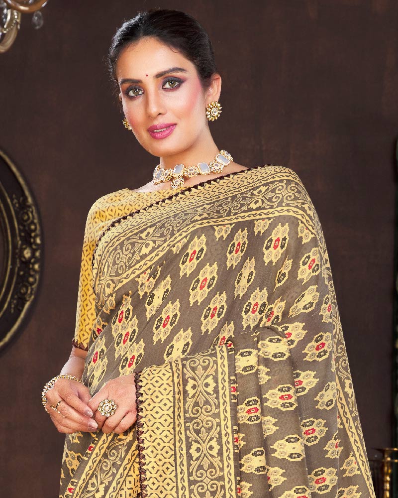 Vishal Prints Brown And Gold Cotton Brasso Saree With Fancy Border