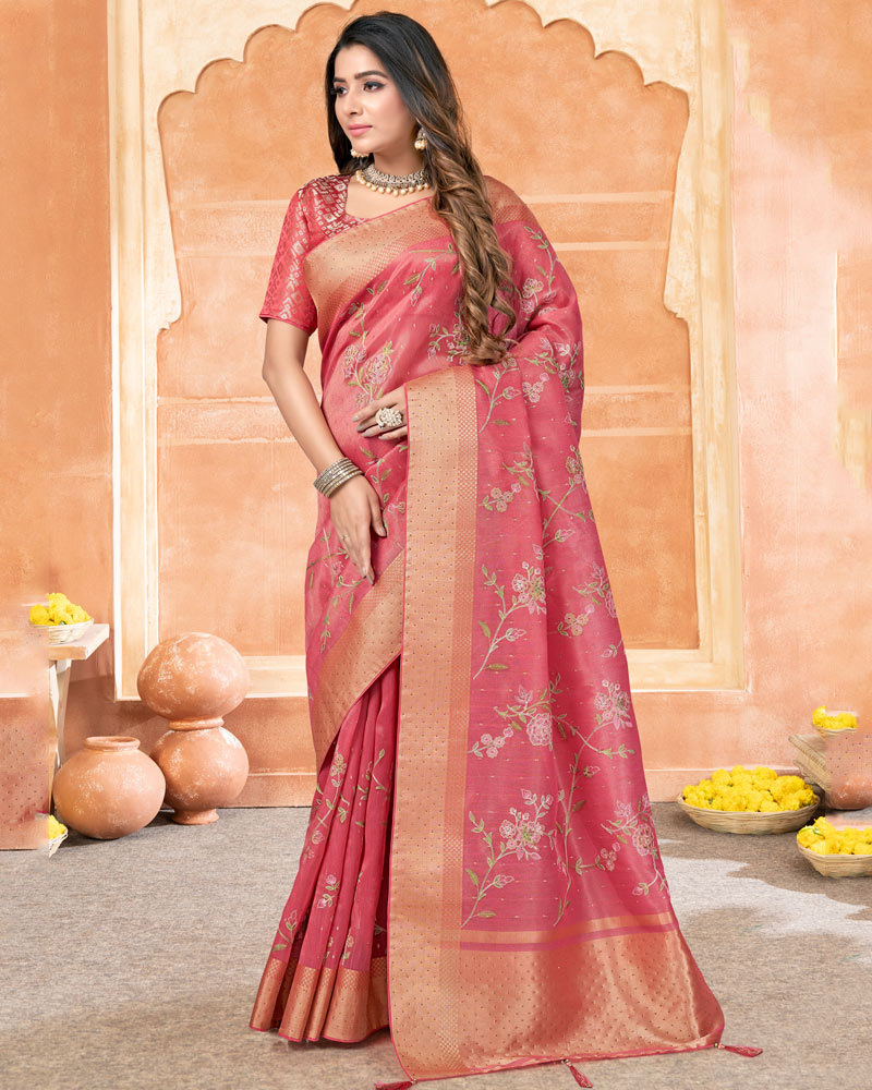 Vishal Prints Pastel Red Poly Cotton Saree With Embroidery-Diamond Work And Tassel
