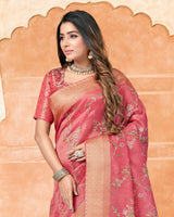 Vishal Prints Pastel Red Poly Cotton Saree With Embroidery-Diamond Work And Tassel