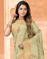 Vishal Prints Pastel Olive Poly Cotton Saree With Embroidery-Diamond Work And Tassel
