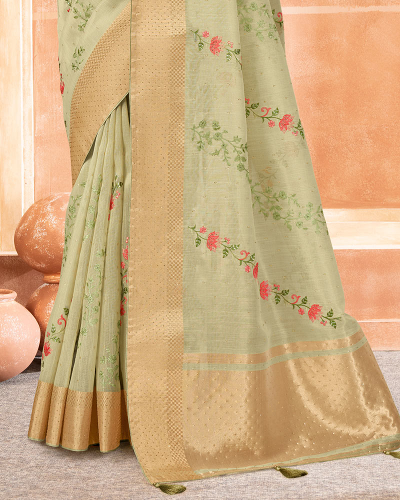 Vishal Prints Pastel Olive Poly Cotton Saree With Embroidery-Diamond Work And Tassel
