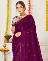 Vishal Prints Purple Chiffon Saree With Stone Work And Core Piping