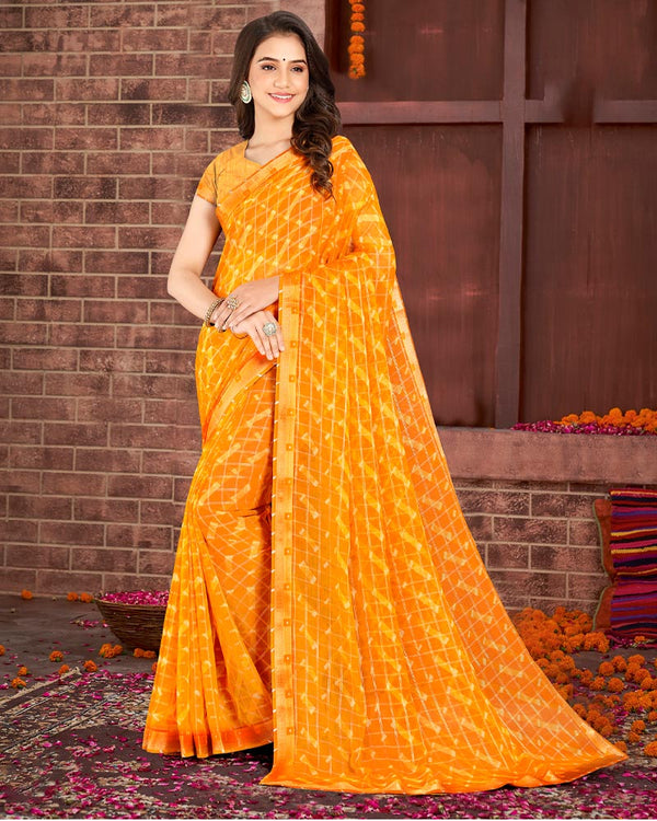Vishal Prints Yellowish Orange Patterned Chiffon Printed Saree With Fancy Border