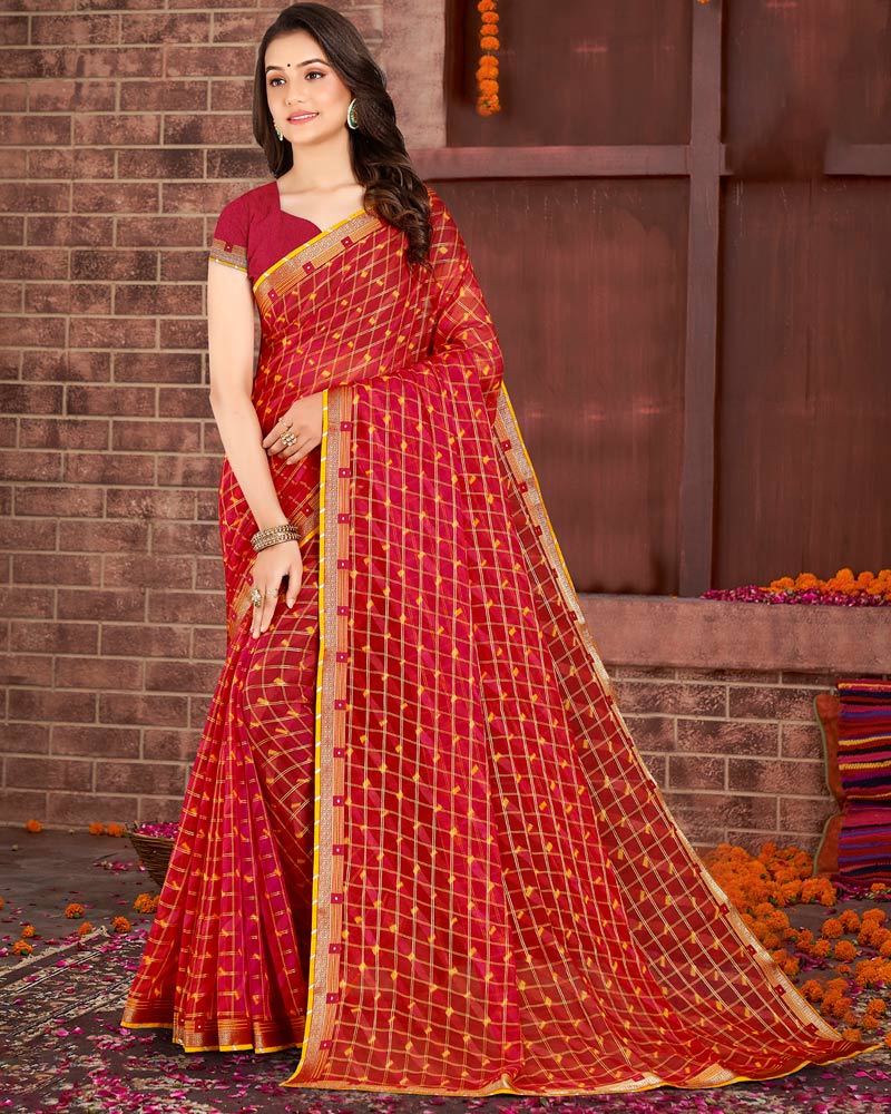 Vishal Prints Dark Red Patterned Chiffon Printed Saree With Fancy Border
