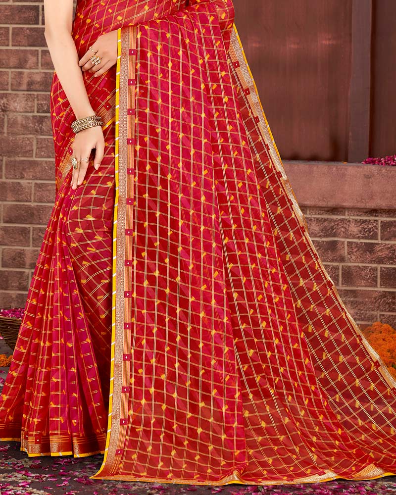 Vishal Prints Dark Red Patterned Chiffon Printed Saree With Fancy Border