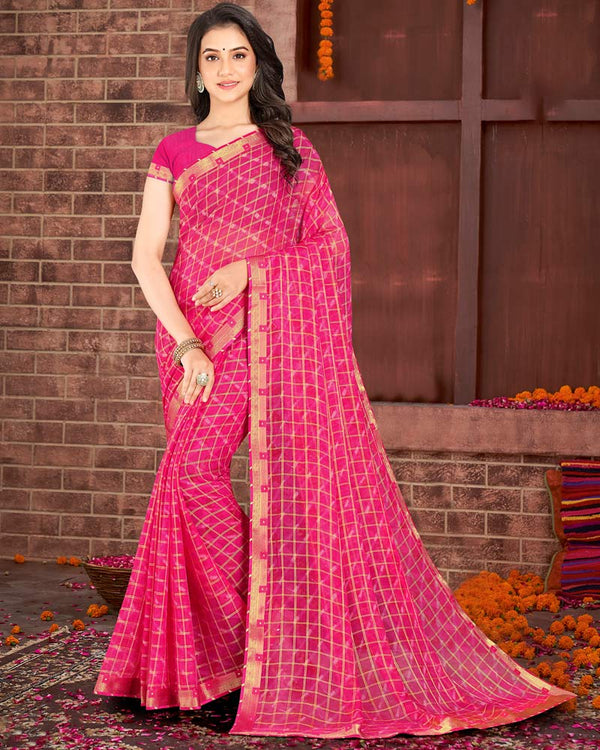 Vishal Prints Hot Pink Patterned Chiffon Printed Saree With Fancy Border