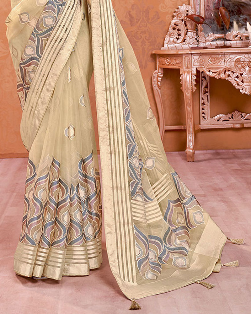 Vishal Prints Light Brown Tissue Brasso Saree With Tassel