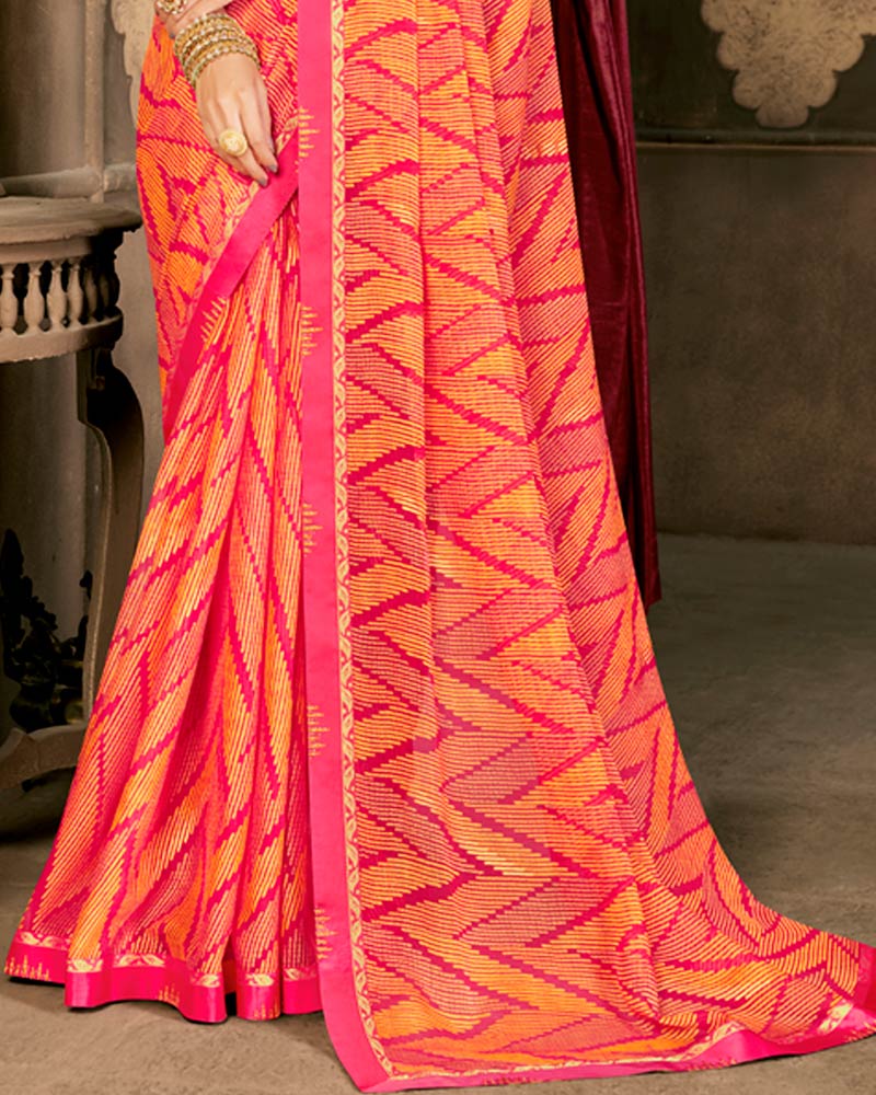 Vishal Prints Red Pink Designer Brasso Saree With Foil Print And Fancy Border