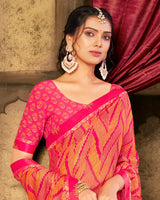 Vishal Prints Red Pink Designer Brasso Saree With Foil Print And Fancy Border