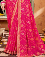 Vishal Prints Hot Pink Printed Brasso Saree With Foil Print And Fancy Border