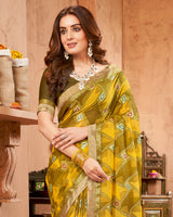 Vishal Prints Mustard Printed Brasso Saree With Foil Print And Fancy Border