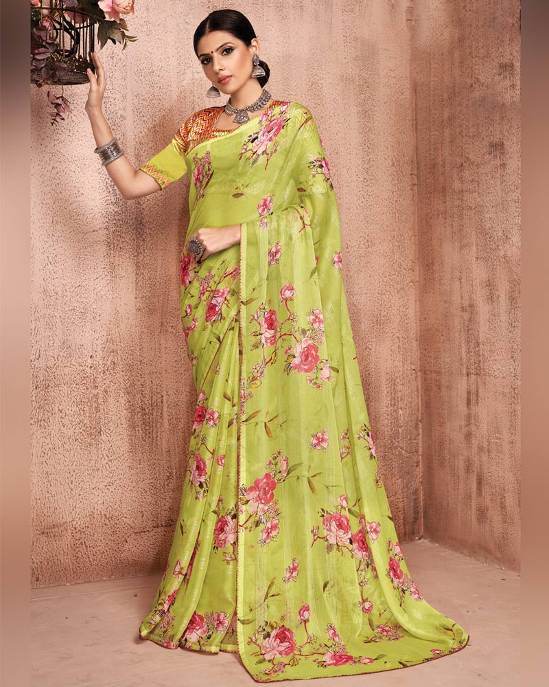 Vishal Prints Light Mehandi Green Fancy Chiffon Digital Print Saree