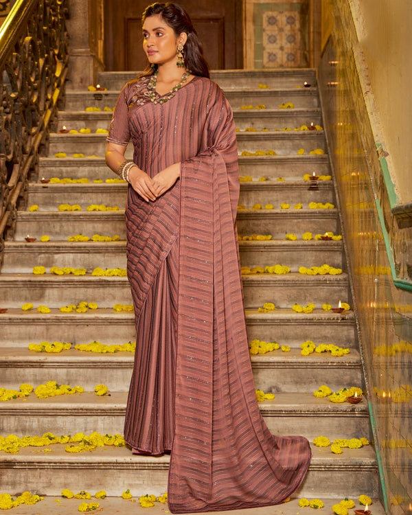 Vishal Prints New York Pink Designer Patterned Chiffon Saree With Embroidery And Diamond Work
