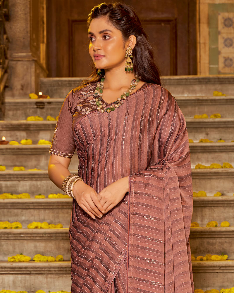 Vishal Prints New York Pink Designer Patterned Chiffon Saree With Embroidery And Diamond Work