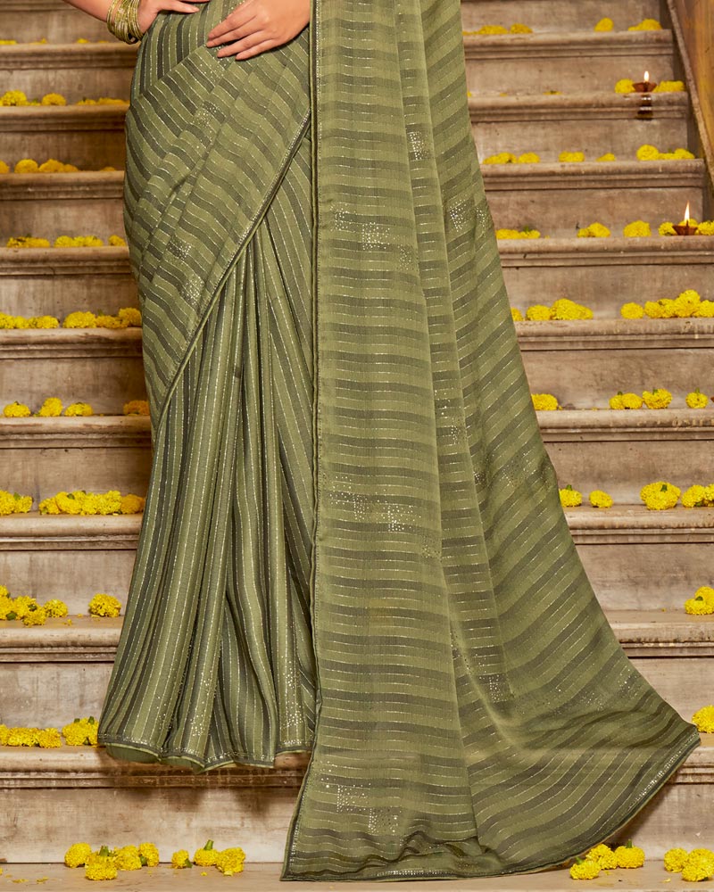 Vishal Prints Sage Green Designer Patterned Chiffon Saree With Embroidery And Diamond Work