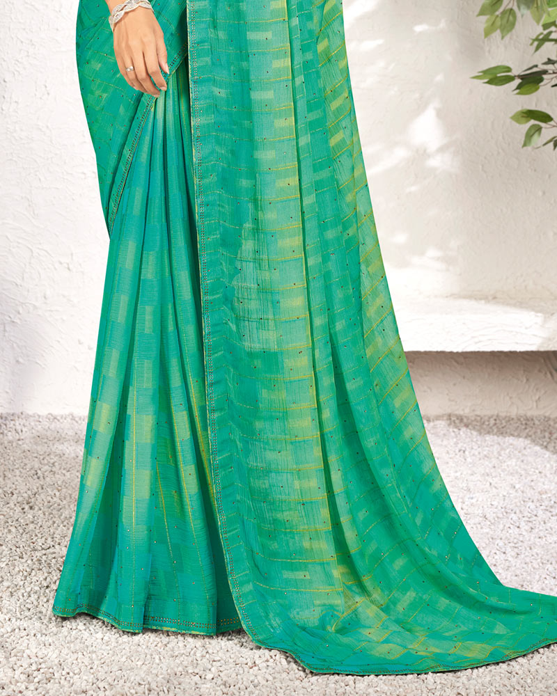 Vishal Prints Aqua Green Designer Digital Print Chiffon Saree With Core Piping