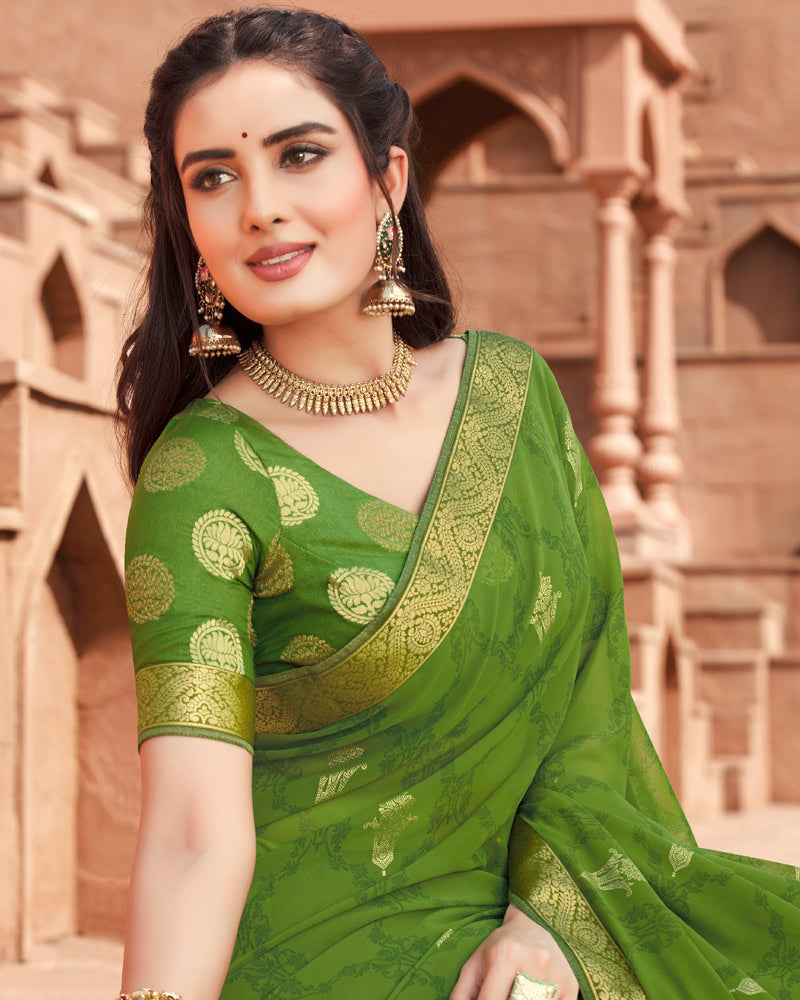 Olive Green Art Silk Saree Sari fabric India Golden Border