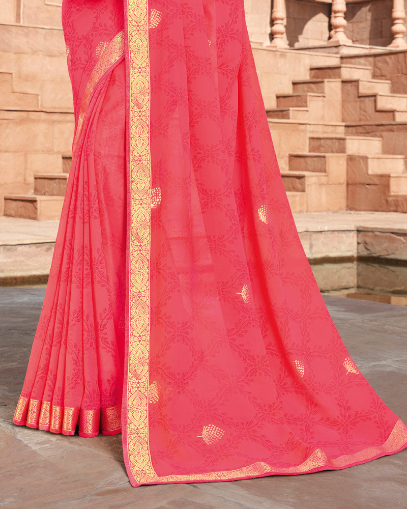 Vishal Prints Rose Pink Georgette Saree With Foil Work And Zari Border