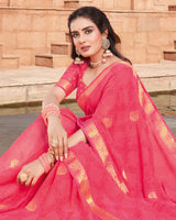 Vishal Prints Rose Pink Georgette Saree With Foil Work And Zari Border
