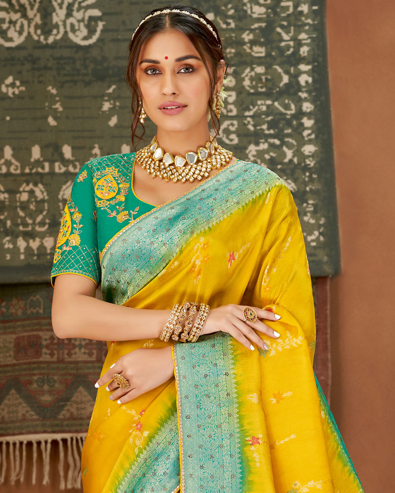Vishal Prints Dark Yellow And Teal Art Silk Zari Weaving Saree With Diamond Work