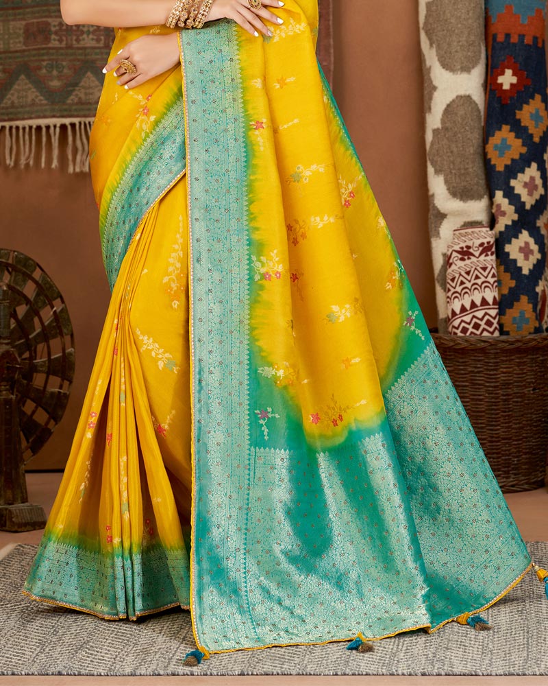 Vishal Prints Dark Yellow And Teal Art Silk Zari Weaving Saree With Diamond Work