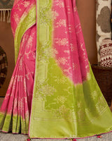 Vishal Prints Rose Pink And Green Art Silk Zari Weaving Saree With Diamond Work