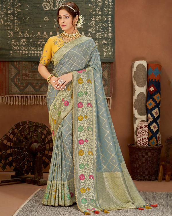 Vishal Prints Grey Art Silk Zari Weaving Saree With Diamond Work