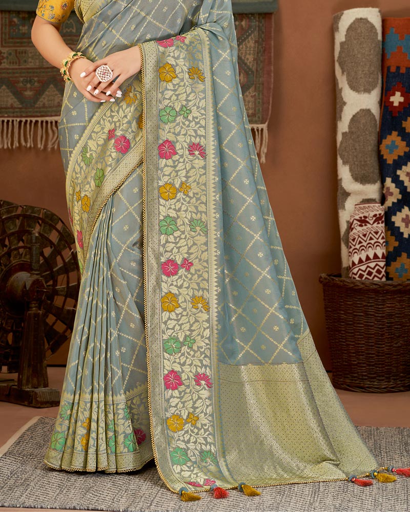 Vishal Prints Grey Art Silk Zari Weaving Saree With Diamond Work