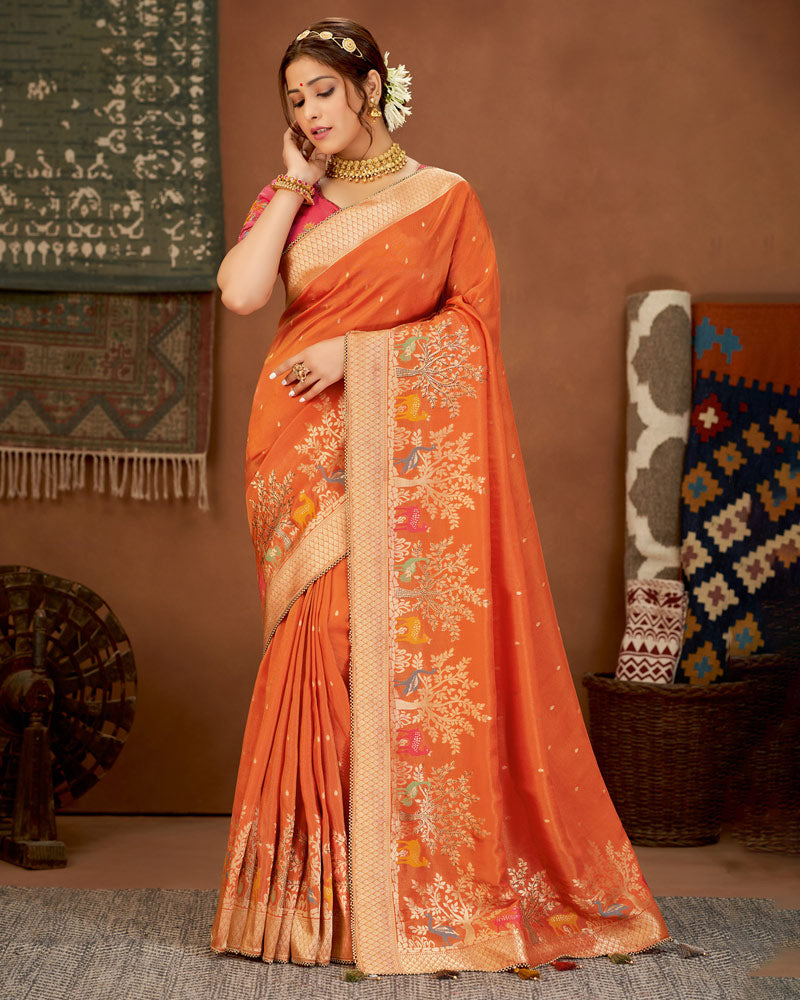 Vishal Prints Orange Art Silk Zari Weaving Saree With Diamond Work