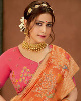 Vishal Prints Orange Art Silk Zari Weaving Saree With Diamond Work