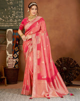 Vishal Prints Peach And Pink Art Silk Zari Weaving Saree With Diamond Work