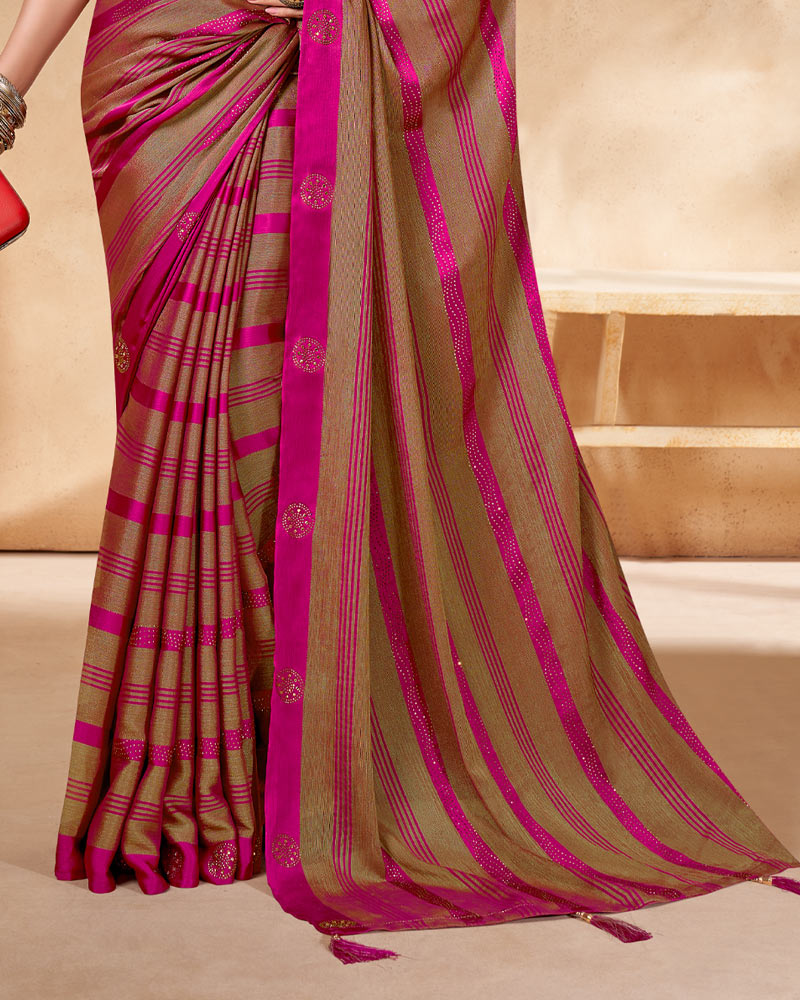 Vishal Prints Hot Pink Satin Brasso Designer Saree With Stone Work