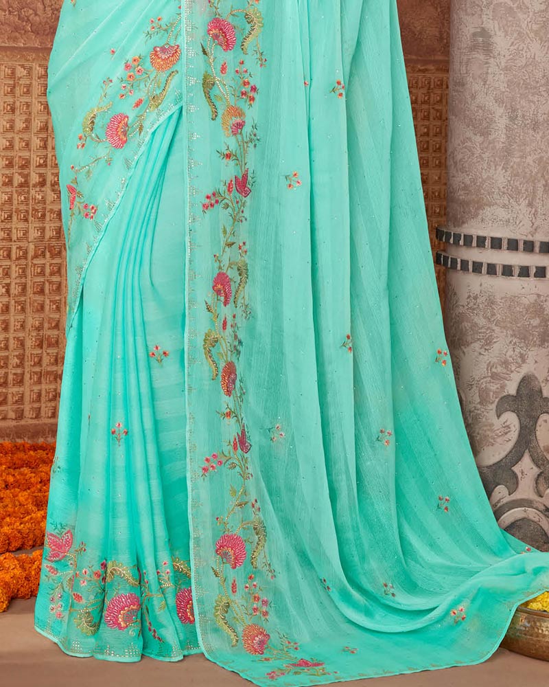 Vishal Prints Pastel Teal Green Designer Fancy Chiffon Saree With Embroidery And Diamond Work