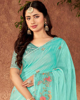 Vishal Prints Pastel Teal Green Designer Fancy Chiffon Saree With Embroidery And Diamond Work