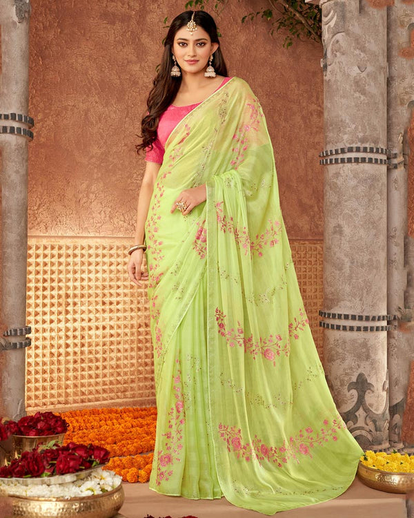 Vishal Prints Deco Green Designer Fancy Chiffon Saree With Embroidery And Diamond Work