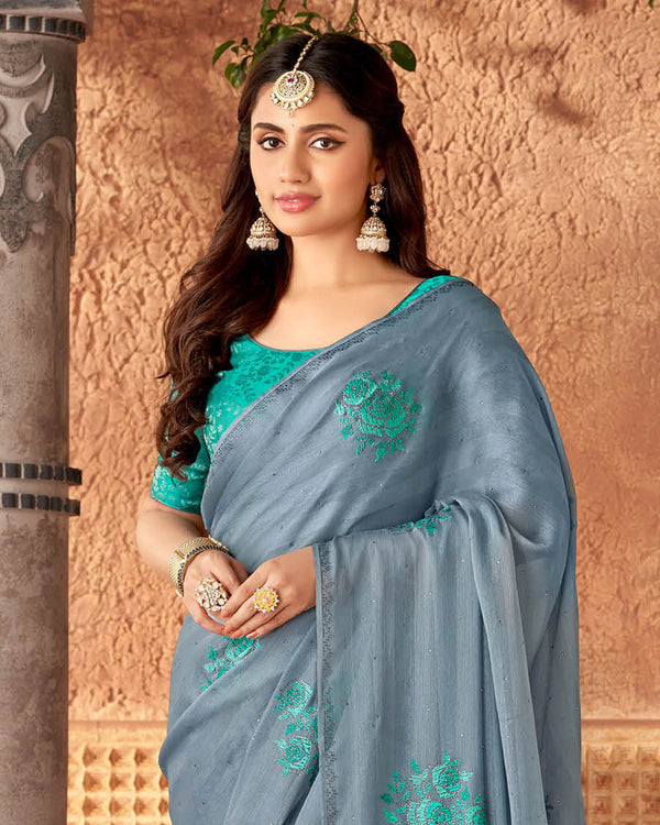 Vishal Prints Bluish Grey Designer Fancy Chiffon Saree With Embroidery And Diamond Work