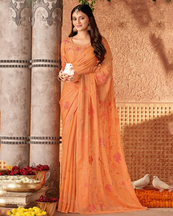 Vishal Prints Dark Peach Designer Fancy Chiffon Saree With Embroidery And Diamond Work