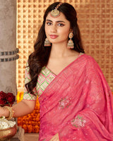Vishal Prints Sunglo Pink Designer Fancy Chiffon Saree With Embroidery And Diamond Work
