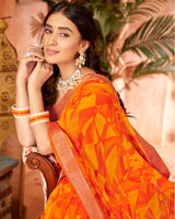 Vishal Prints Orange Printed Georgette Saree Zari With Border