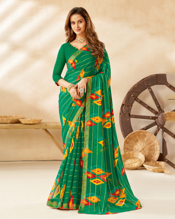 Vishal Prints Green Printed Fancy Chiffon Saree With Core Piping