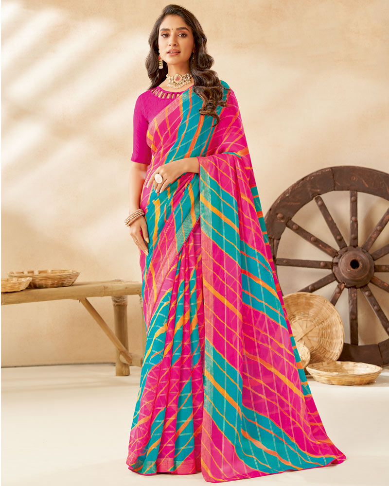 Vishal Prints Hot Pink Printed Fancy Chiffon Saree With Core Piping