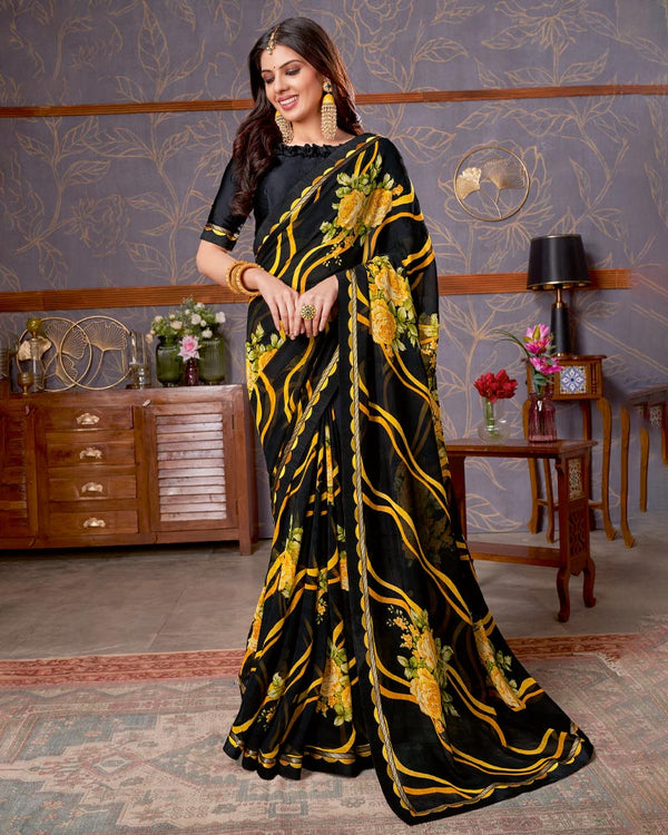 Vishal Prints Black And Golden Yellow Printed Georgette Saree With Fancy Border