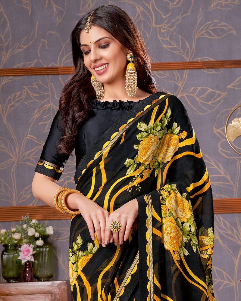 Vishal Prints Black And Golden Yellow Printed Georgette Saree With Fancy Border