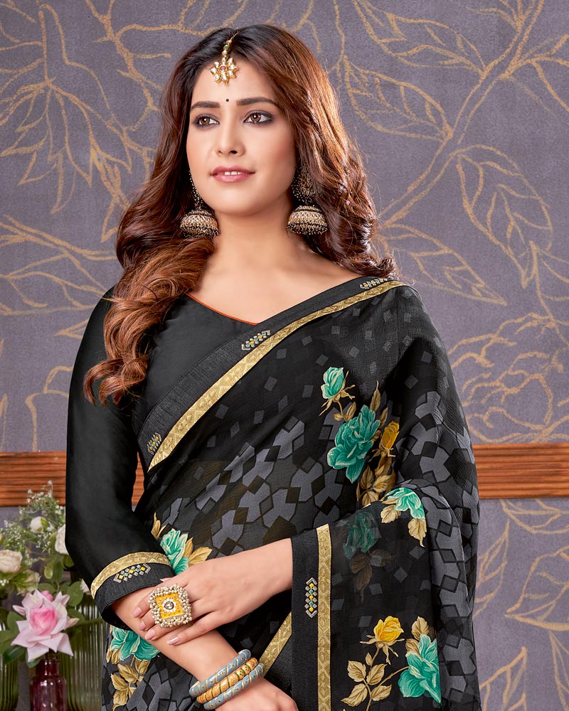 Vishal Prints Black And Spring Green Printed Georgette Saree With Fancy Border