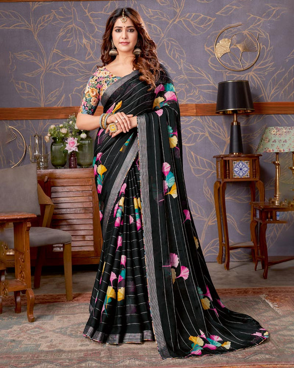 Vishal Prints Black And Multi Color Printed Georgette Saree With Fancy Border